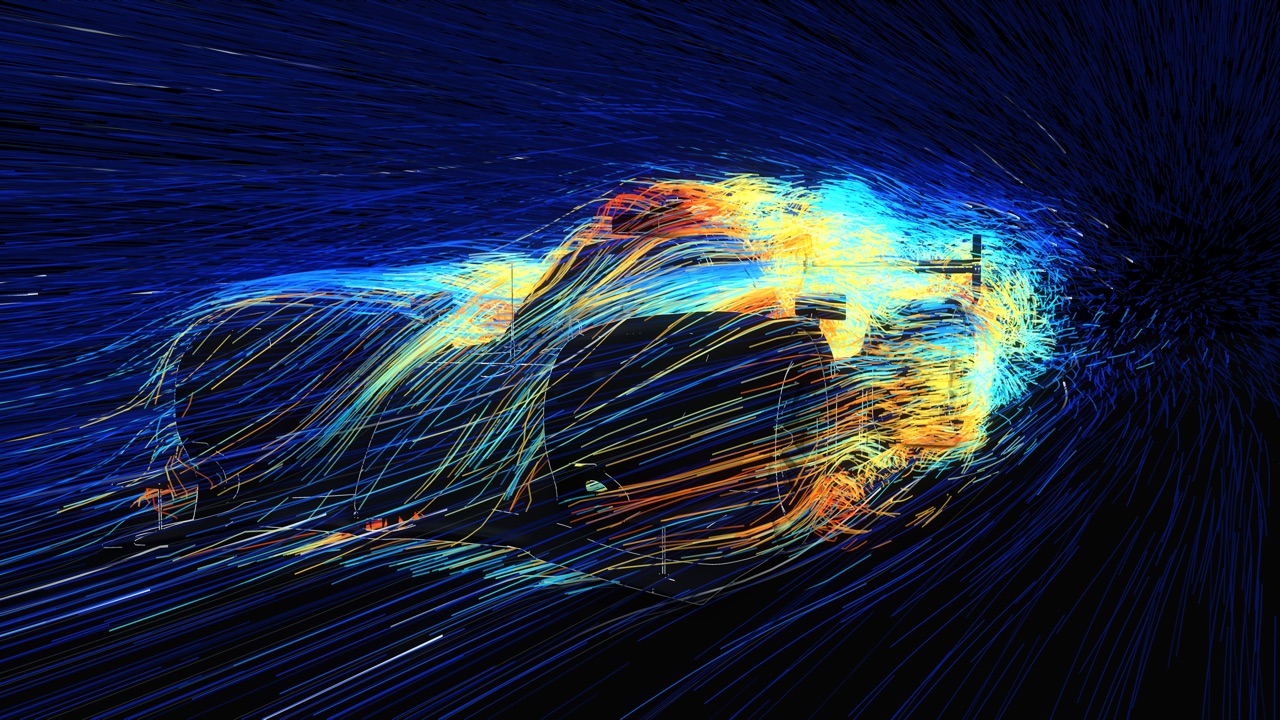Streamlines exploding off a Le Mans hypercar, colored by velocity