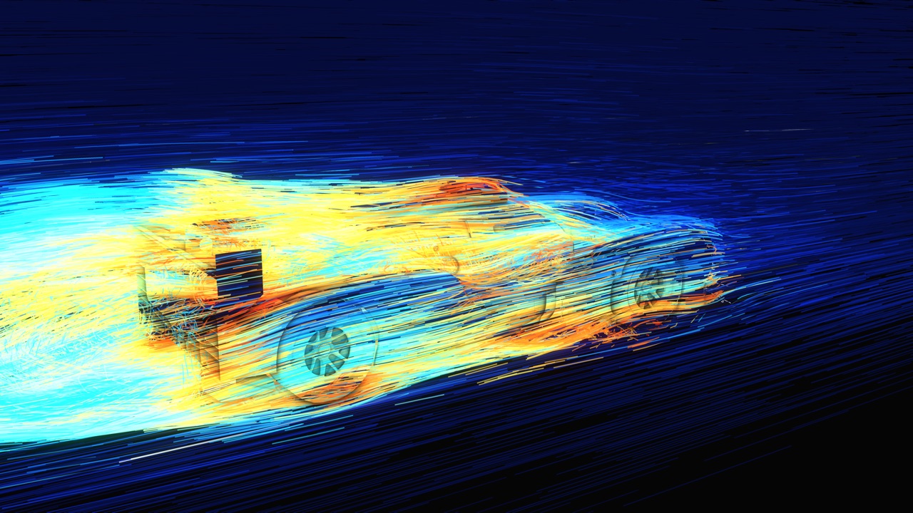 Wake trailing behind a Le Mans hypercar, rear three-quarter view